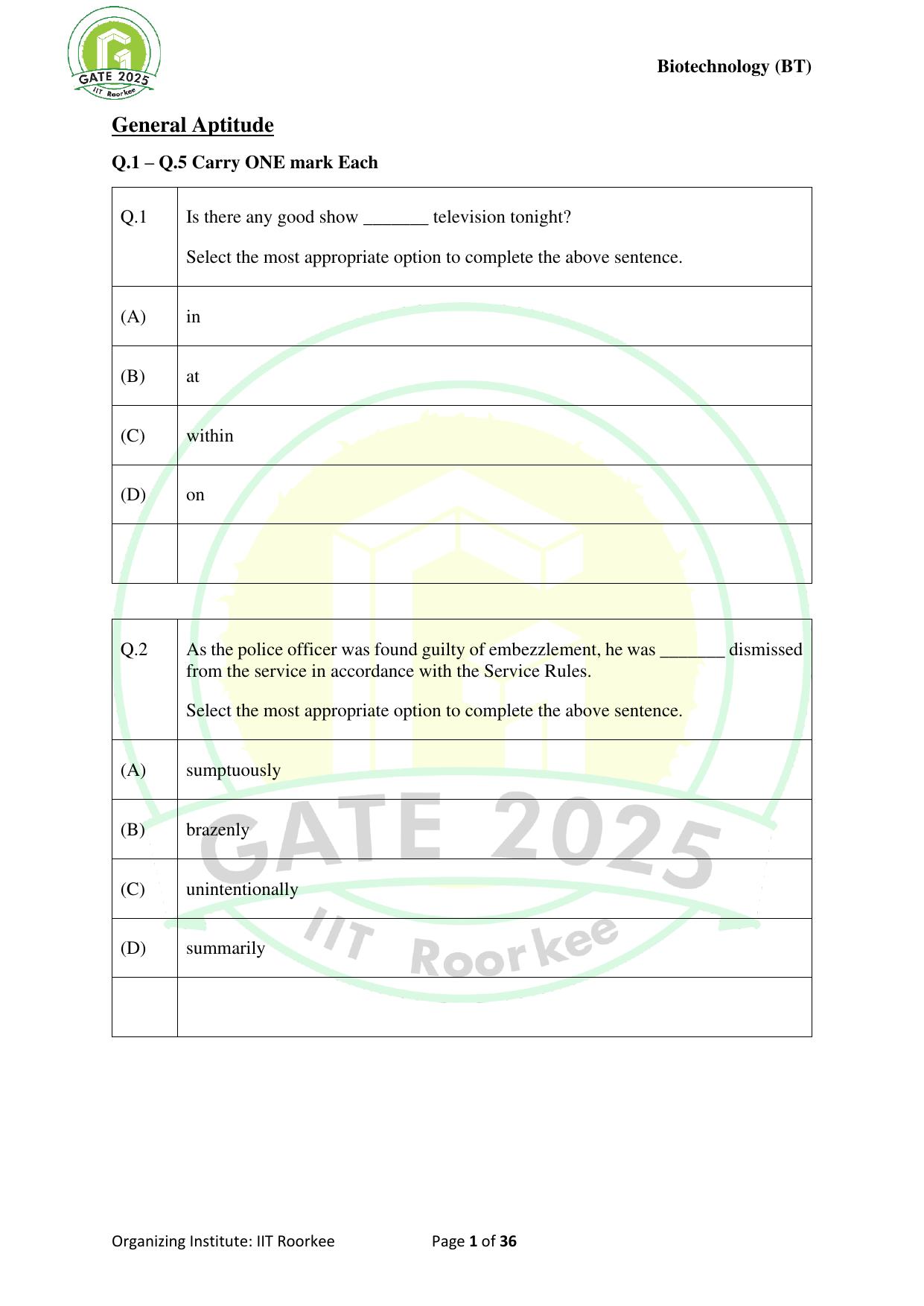 GATE 2025 Biotechnology (BT) Question Paper - Page 1