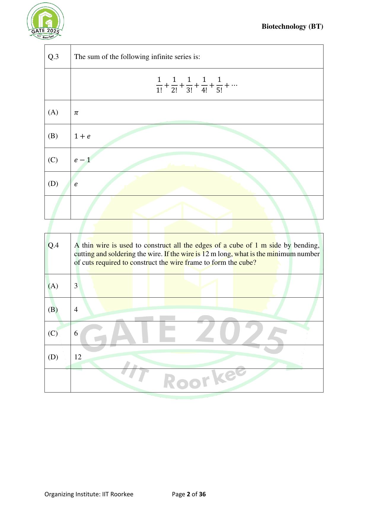 GATE 2025 Biotechnology (BT) Question Paper - Page 2