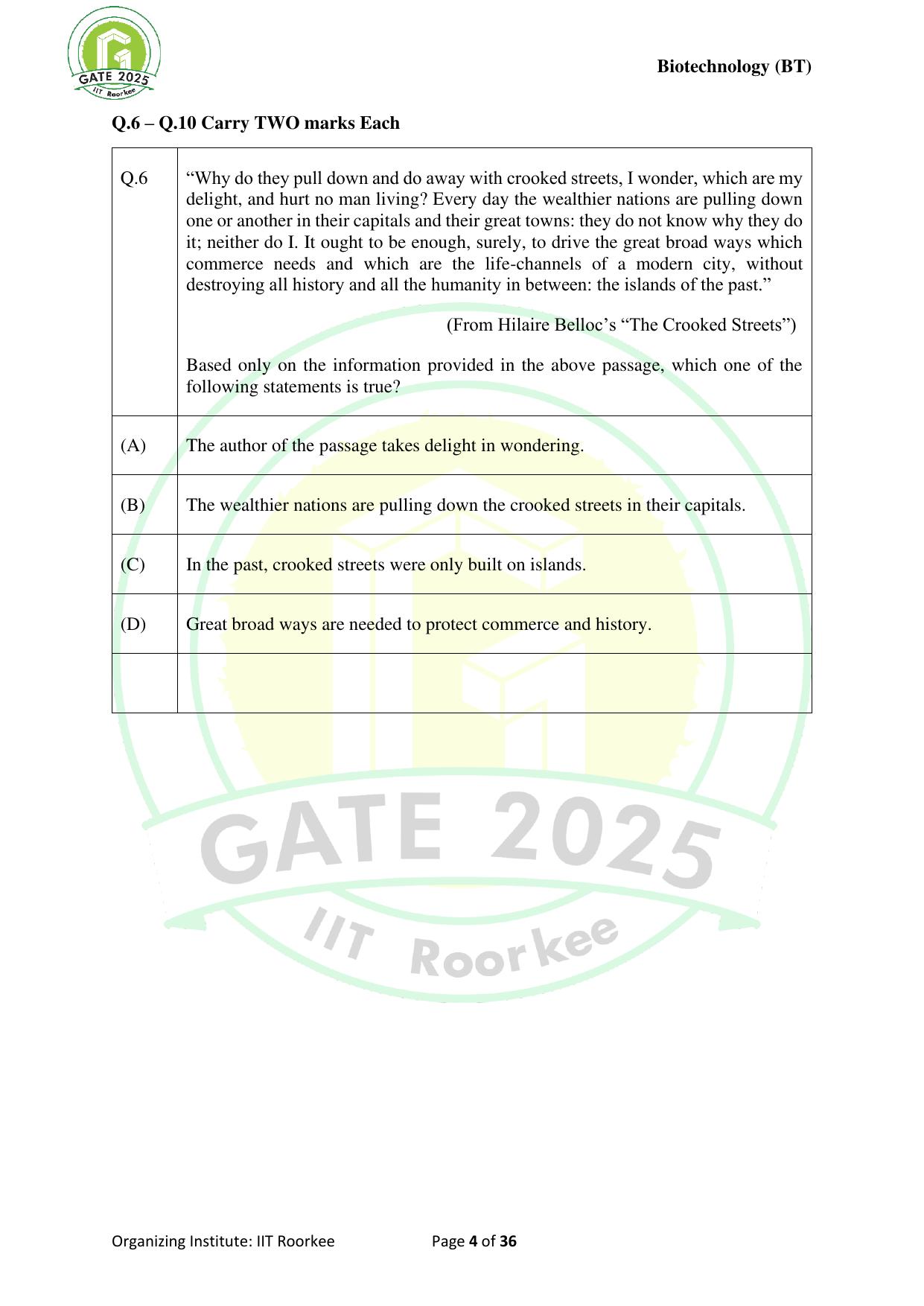 GATE 2025 Biotechnology (BT) Question Paper - Page 4