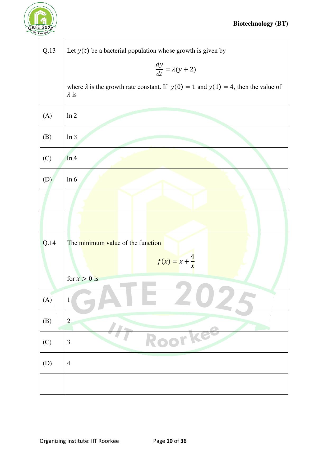 GATE 2025 Biotechnology (BT) Question Paper - Page 10