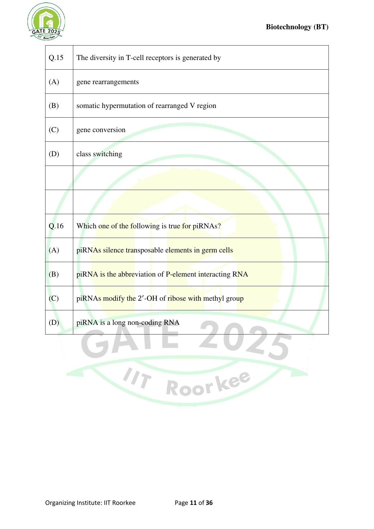 GATE 2025 Biotechnology (BT) Question Paper - Page 11
