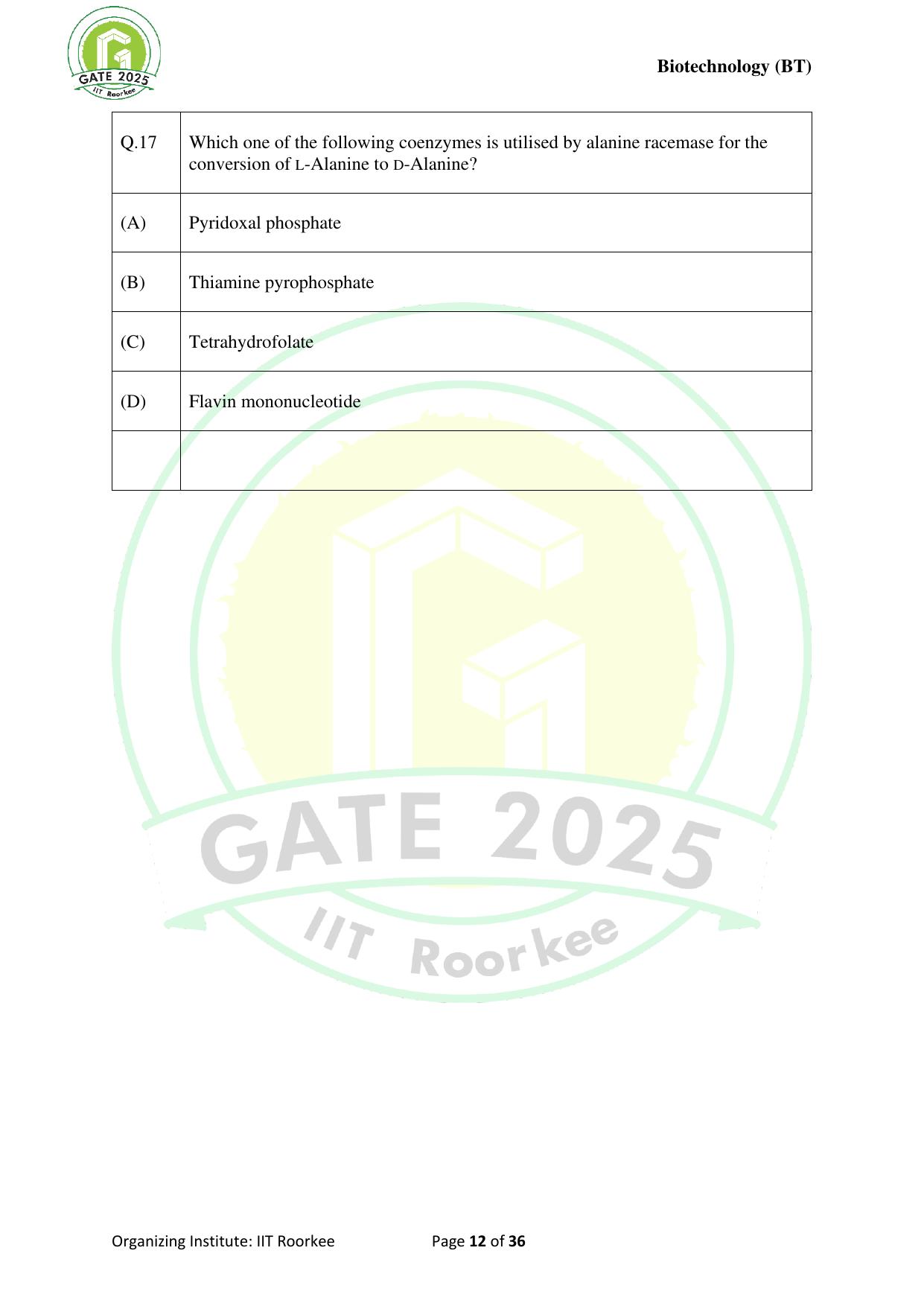 GATE 2025 Biotechnology (BT) Question Paper - Page 12