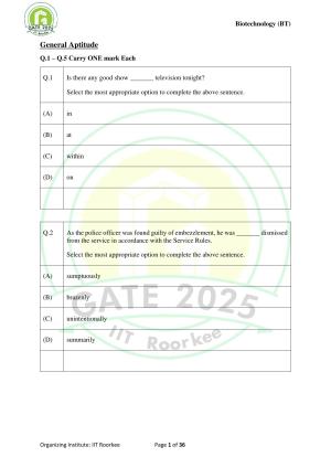 GATE 2025 Biotechnology (BT) Question Paper