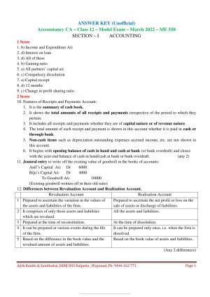 Kerala Plus Two 2022 Accountancy CA Model Answer Key