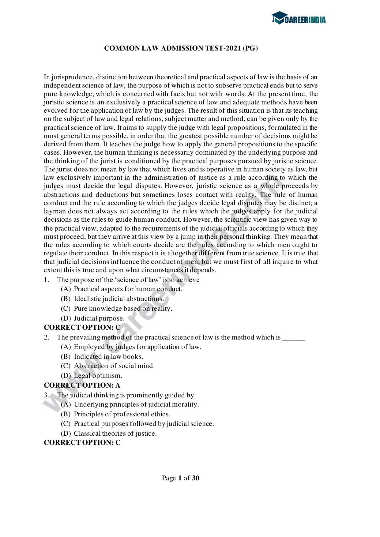 CLAT 2021 PG Question Paper and Asnwer Key - Page 1