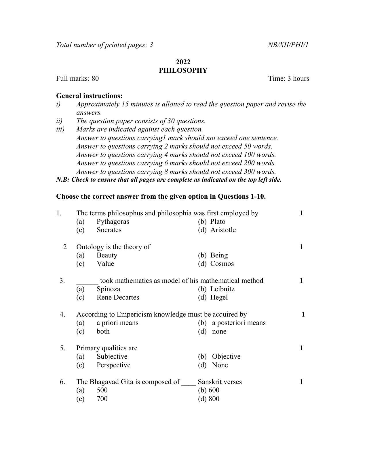 Nagaland Board Class 12 Philosophy 2022 Question Paper - Page 1