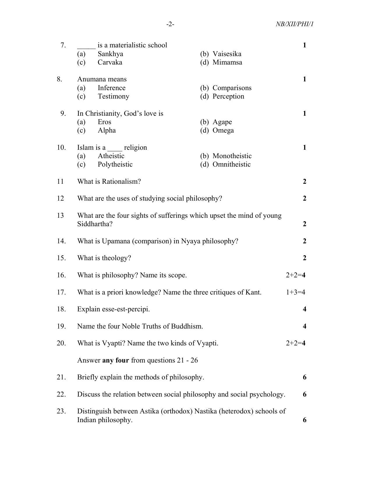 Nagaland Board Class 12 Philosophy 2022 Question Paper - Page 2