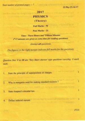 COHSEM Class 12 Physics 2017 Question Papers