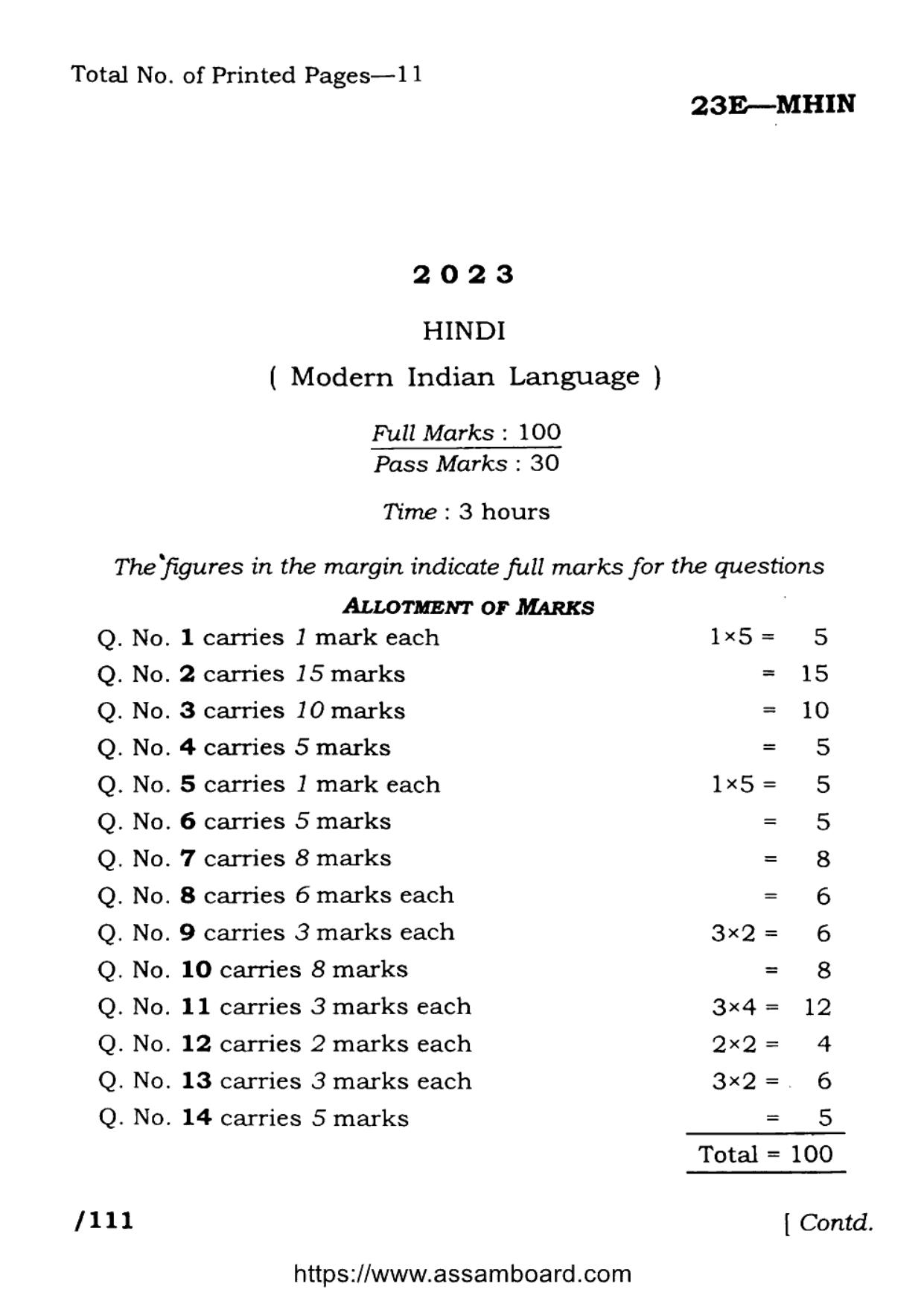 AHSEC Class 11 Hindi (MIL) 2023 Question Paper - Page 1