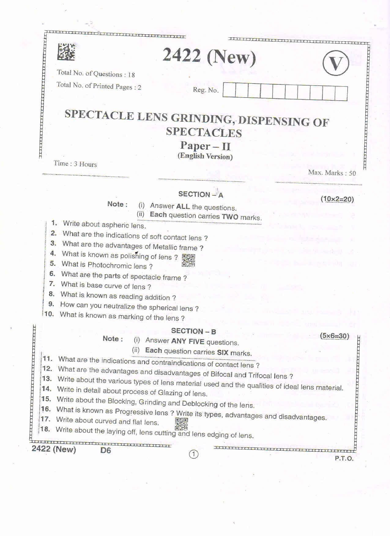 AP Intermediate 2nd Year Vocational Question Paper September-2021 - SpectacleLens_Grinding,Dispensing_of_Spectables-II - Page 1