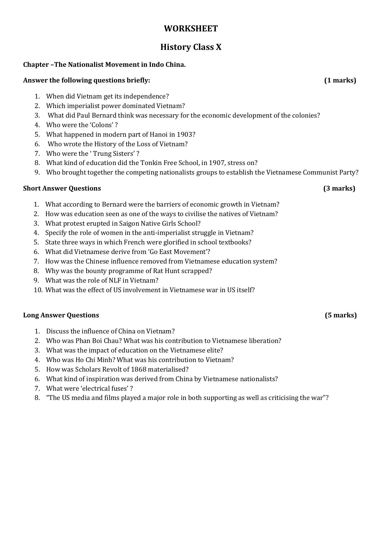 CBSE Worksheets for Class 10 Social Science History The Nationalist Movement in Indo China Assignment - Page 1