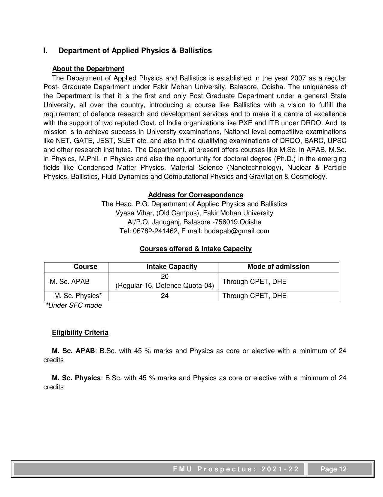 Fakir Mohan University, Balasore PG Prospectus-2021-22 - Page 12