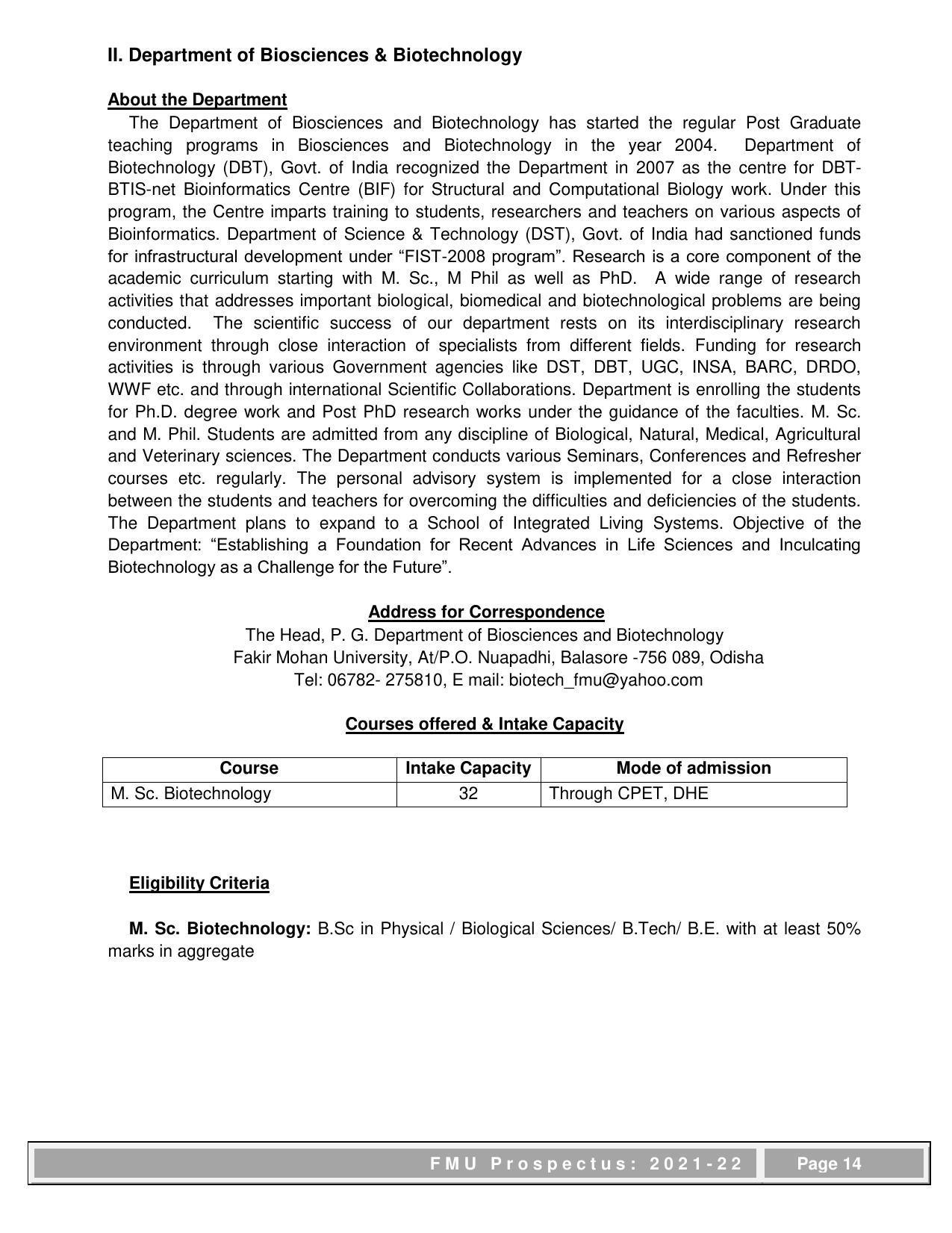 Fakir Mohan University, Balasore PG Prospectus-2021-22 - Page 14