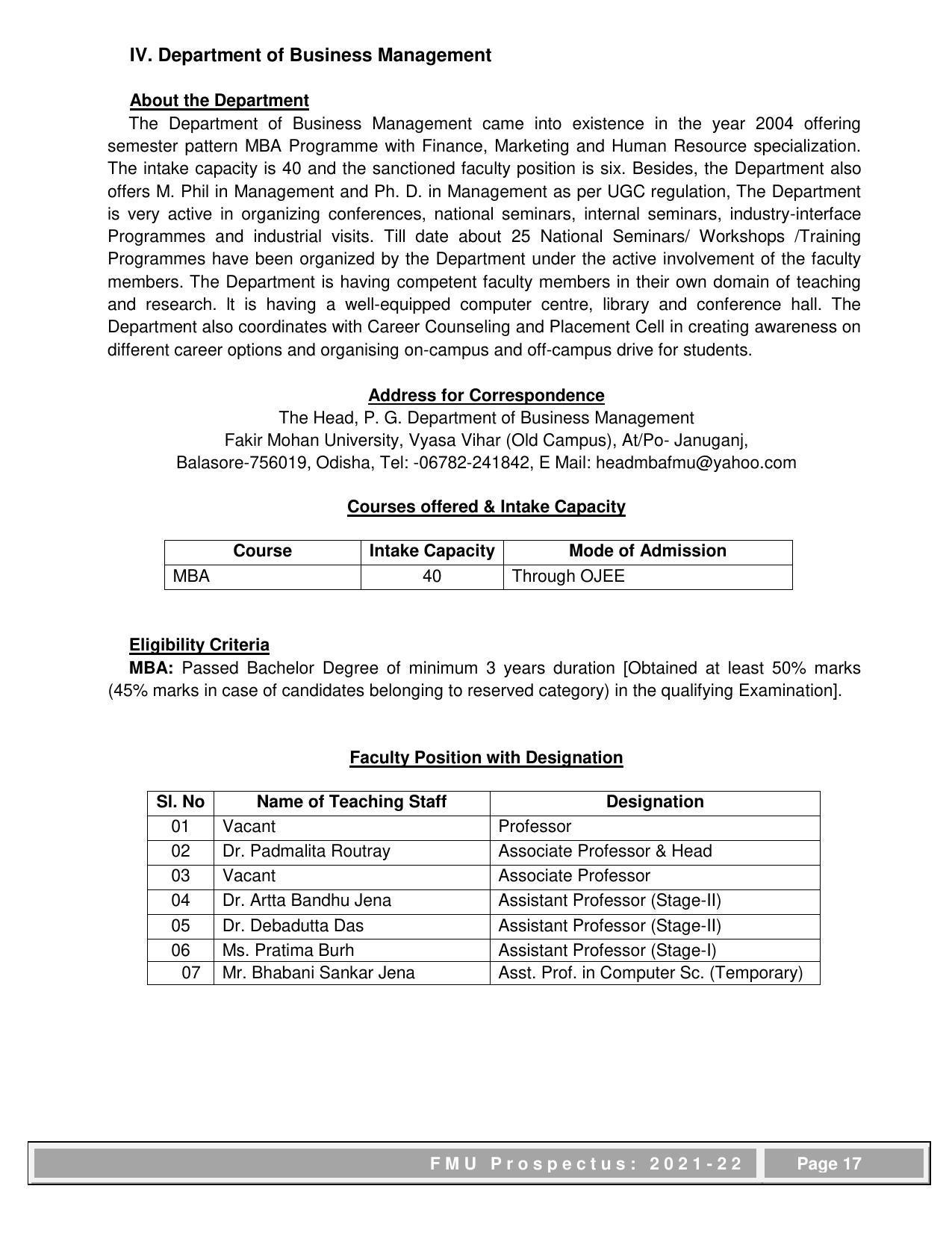 Fakir Mohan University, Balasore PG Prospectus-2021-22 - Page 17