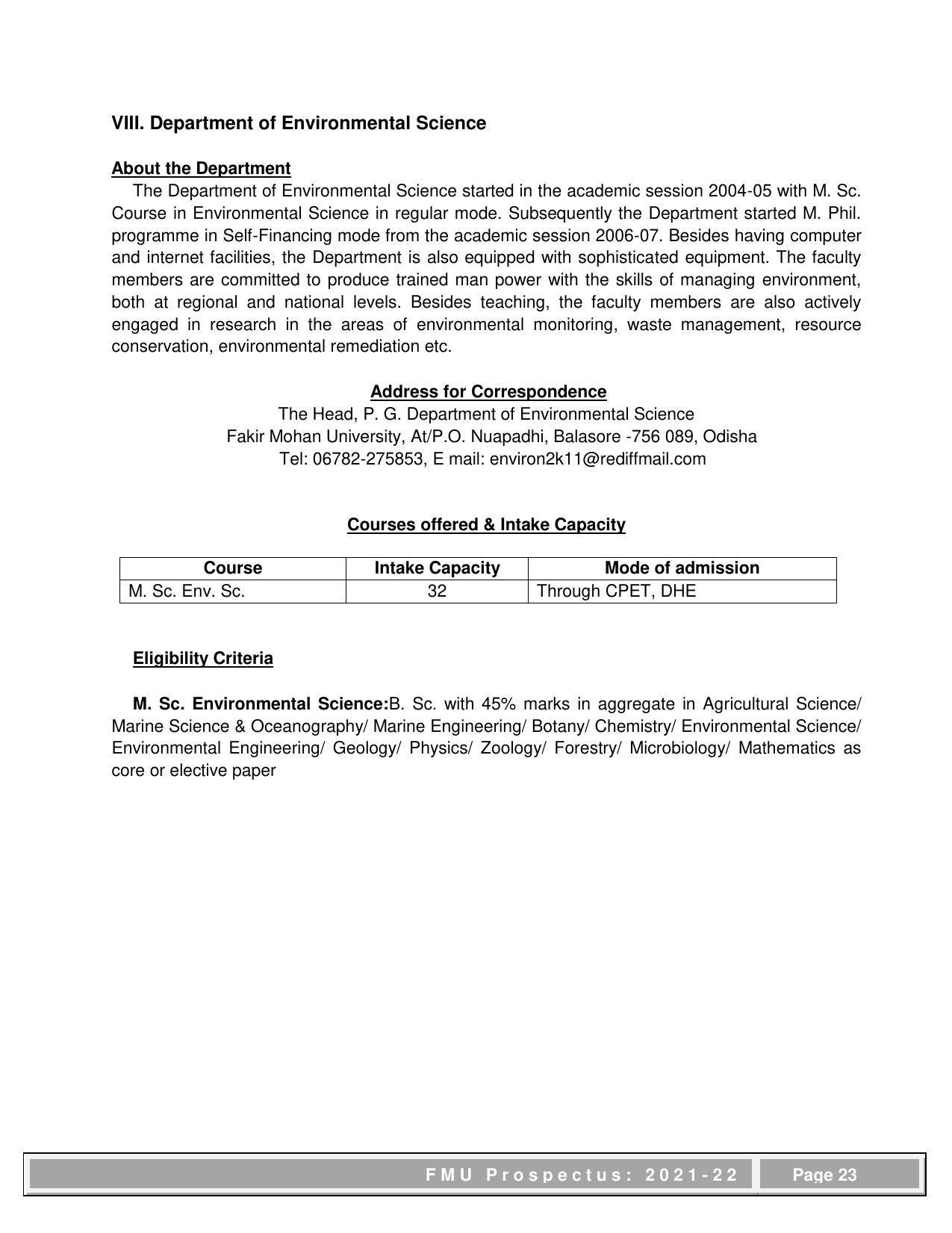 Fakir Mohan University, Balasore PG Prospectus-2021-22 - Page 23