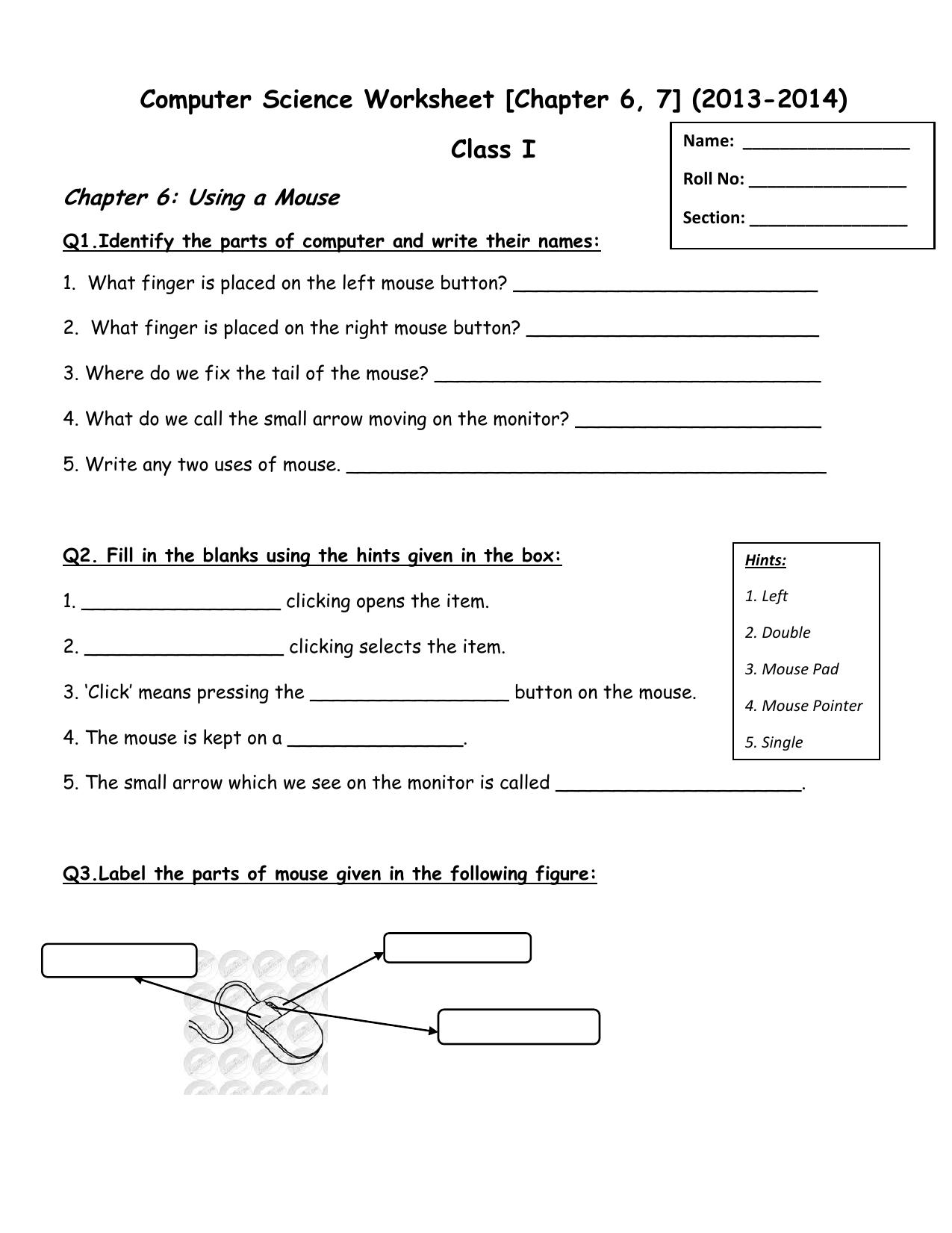 Worksheet for Class 1 Computer Science Using a Mouse Assignment ...