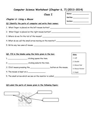 Worksheet for Class 1 Computer Science Using a Mouse Assignment