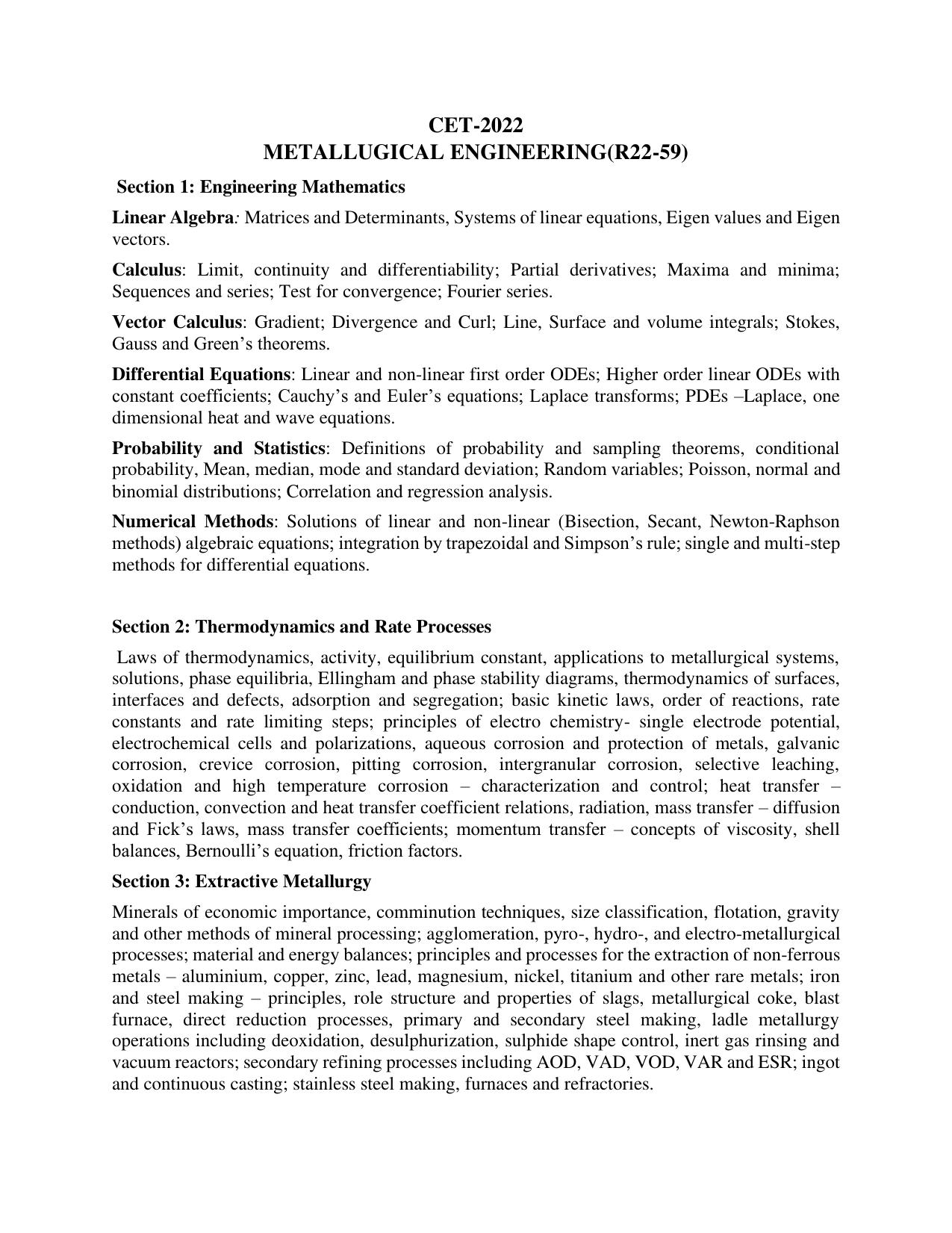 AP RCET Metallurgical Engineering Syllabus - Page 1