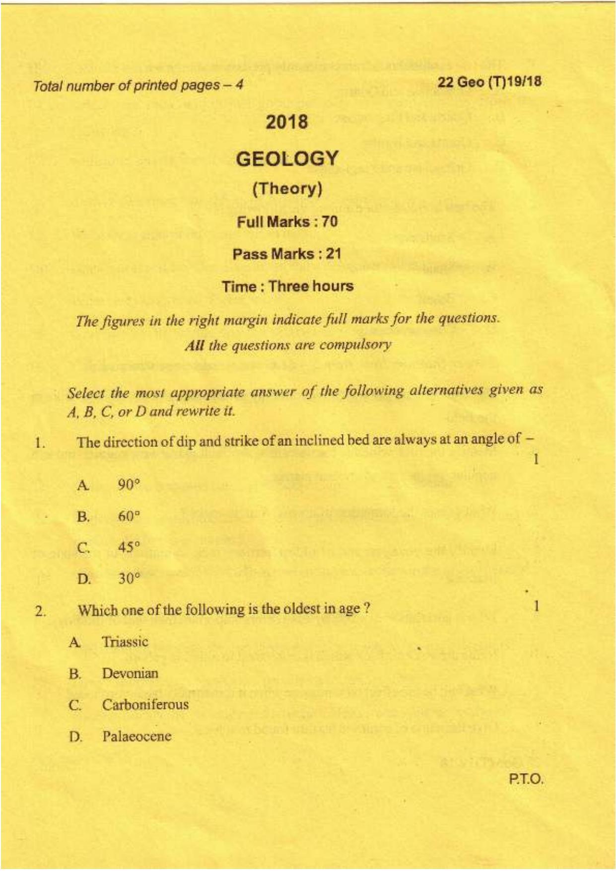 COHSEM Class 12 Geology 2018 Question Papers - Page 1
