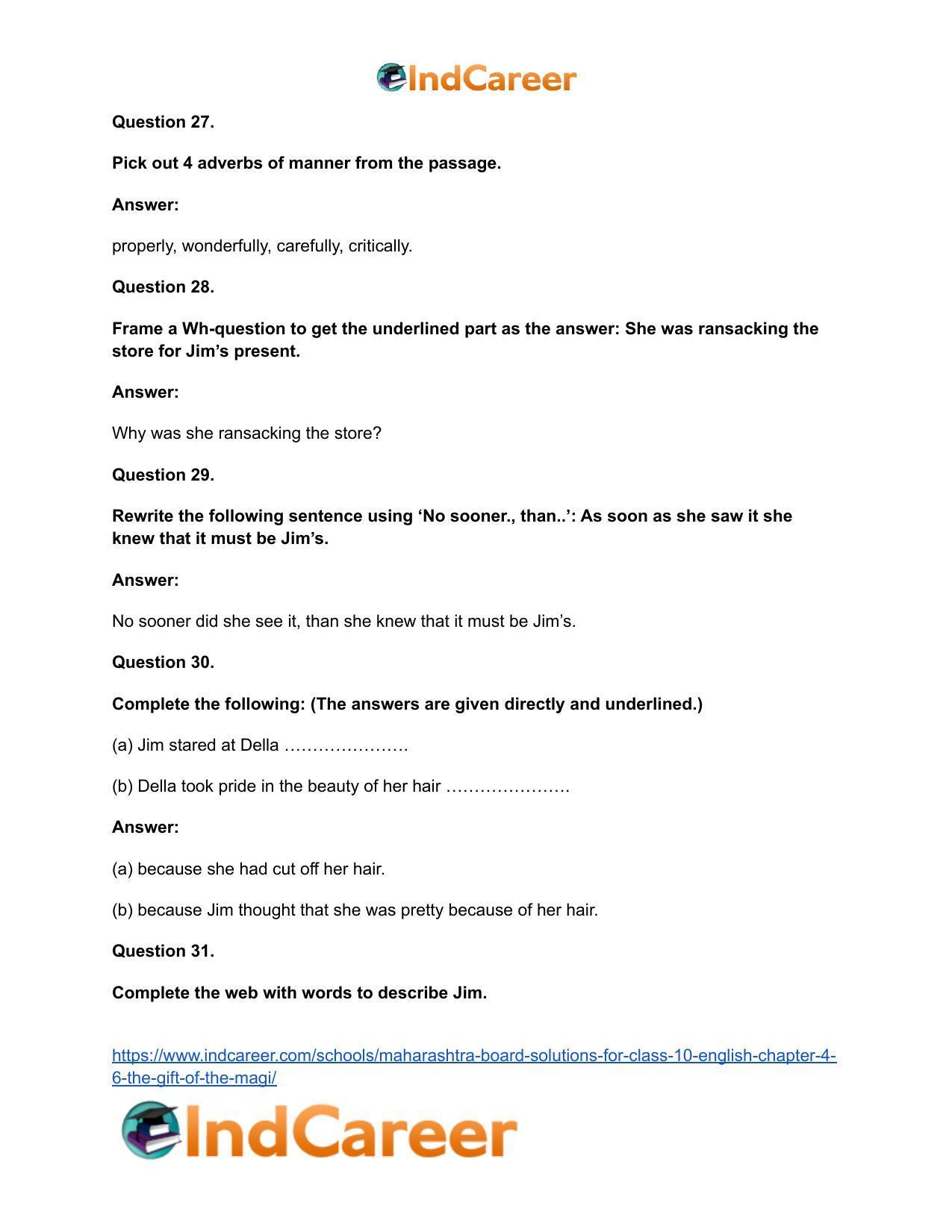 Maharashtra Board Solutions for Class 10- English: Chapter 4.6- The Gift of the Magi - Page 27