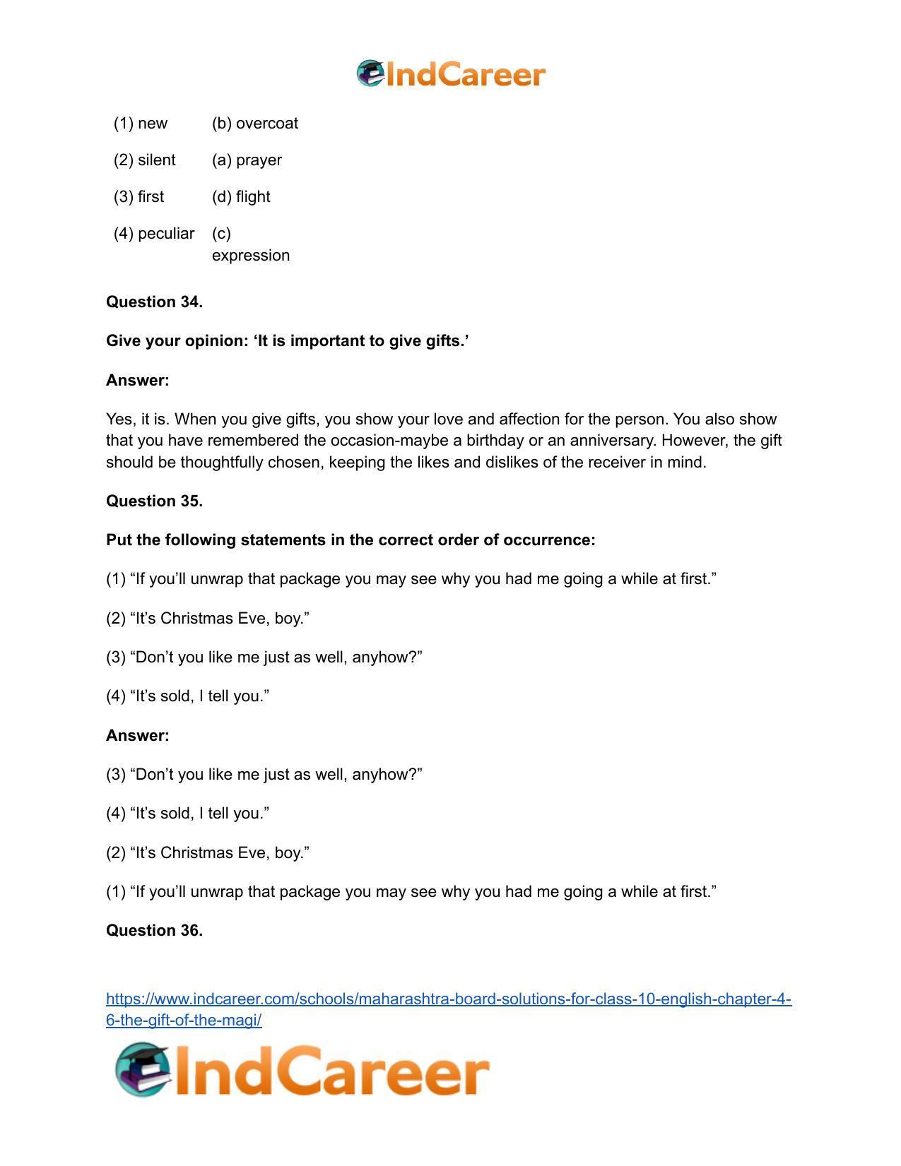 Maharashtra Board Solutions for Class 10- English: Chapter 4.6- The Gift of the Magi - Page 29