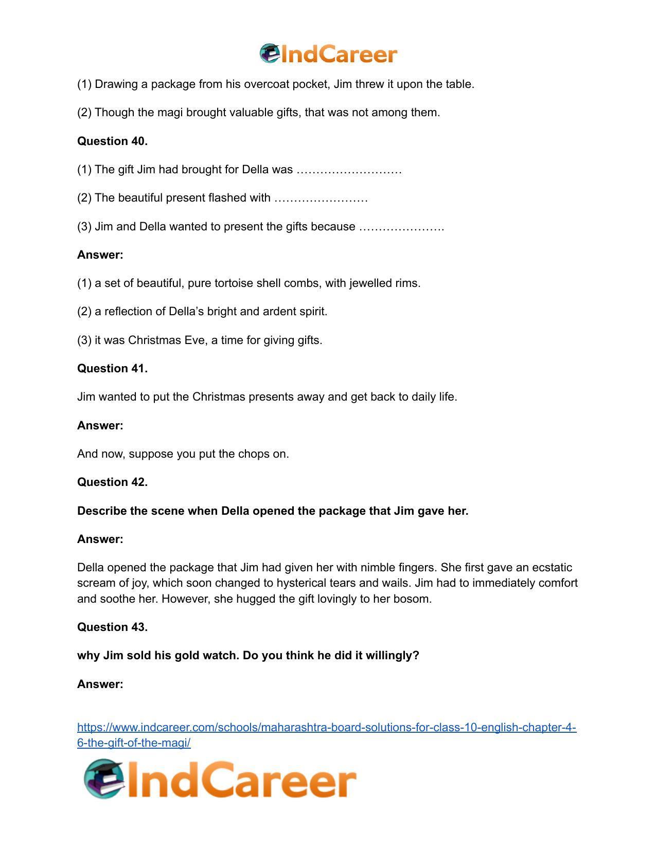 Maharashtra Board Solutions for Class 10- English: Chapter 4.6- The Gift of the Magi - Page 31