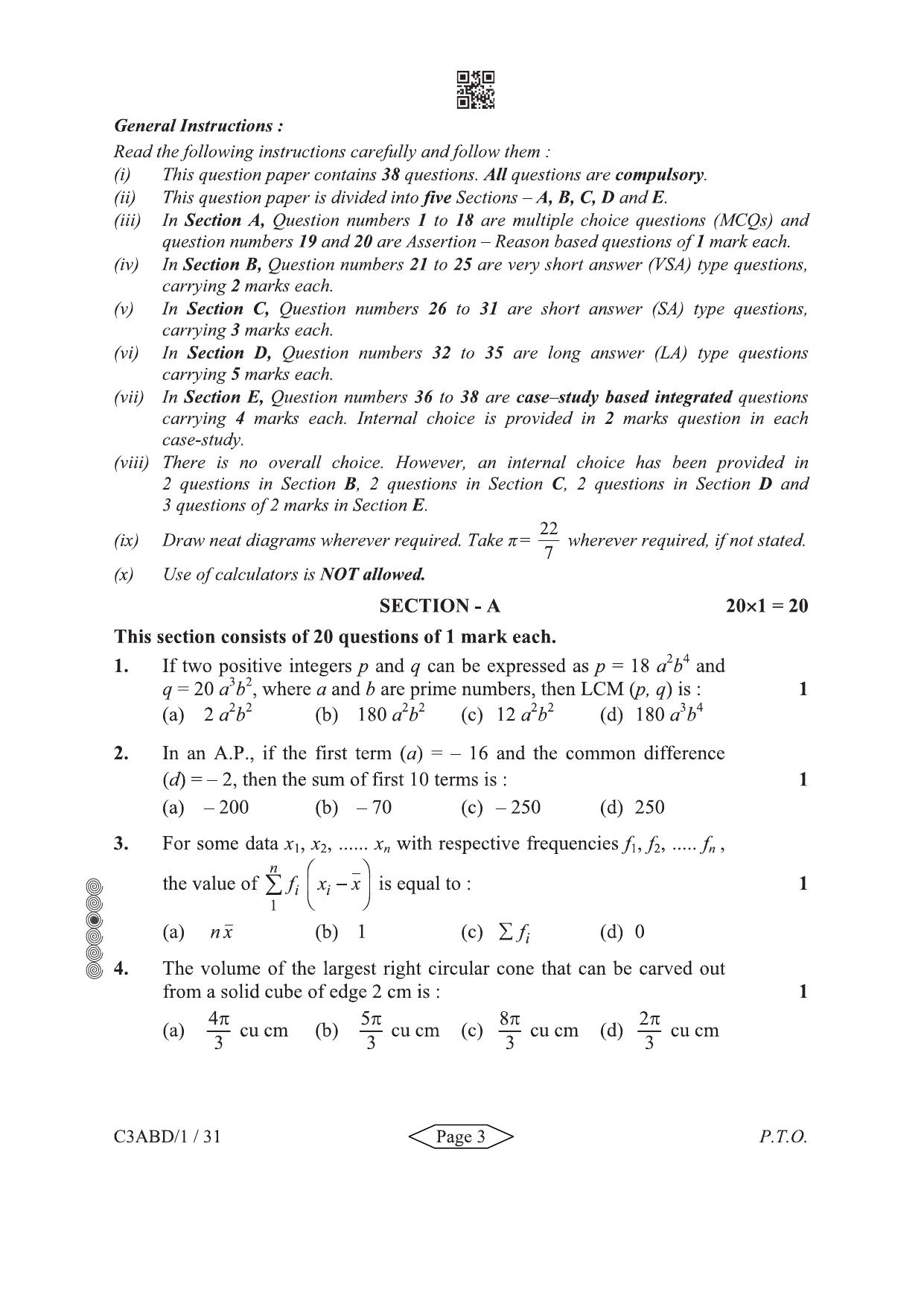 CBSE Class 10 30-1-3 Mathematics Standard 2024 Question Paper - Page 3