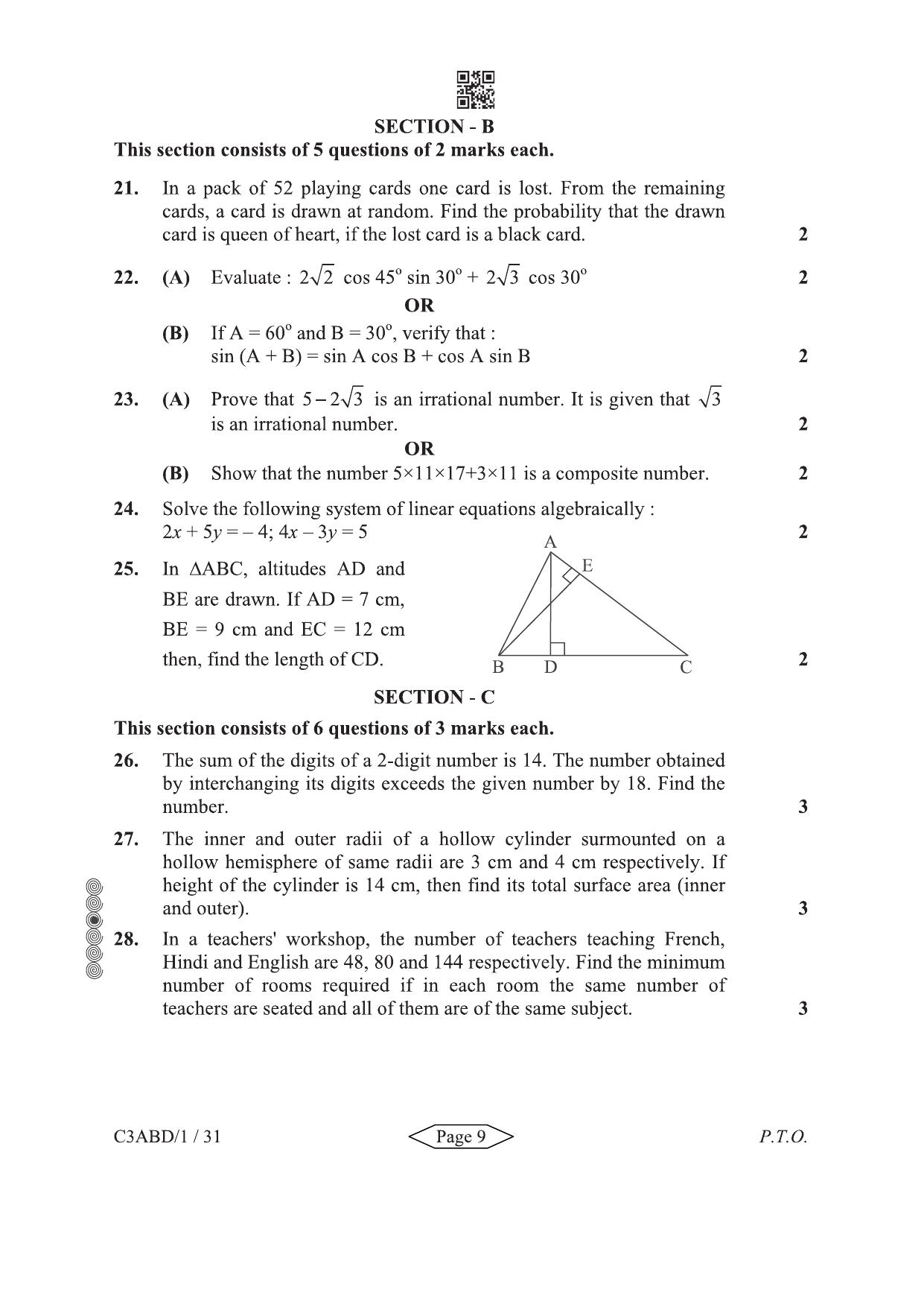 CBSE Class 10 30-1-3 Mathematics Standard 2024 Question Paper - Page 9