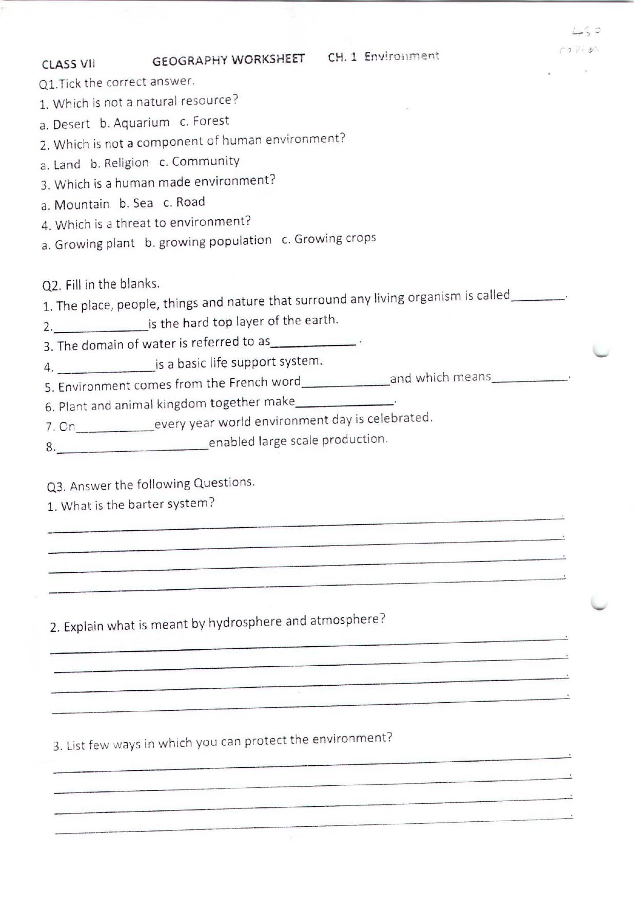 CBSE Worksheets for Class 7 Geography Environment Assignment 2 - Page 1