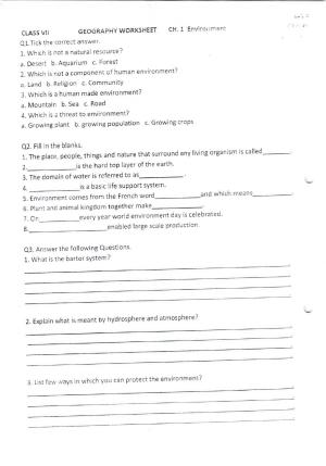 CBSE Worksheets for Class 7 Geography Environment Assignment 2
