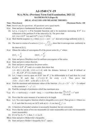 Bilaspur University Question Paper 2021-2022:M.A (Previous) Mathematics Real Analysis & Measure Theory Paper 1