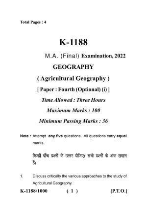 Sarguja University Question Paper - 2022 :   M.A. (Final) Geography Agricultural Geography Paper I