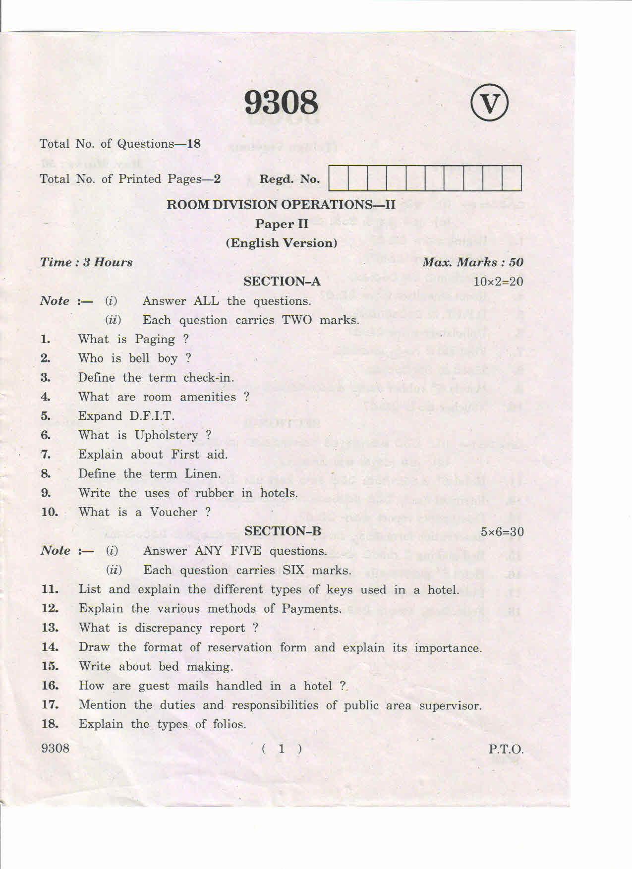 AP Inter 2nd Year Room Division Operations-II March-2019-Vocational Question Paper - Page 1