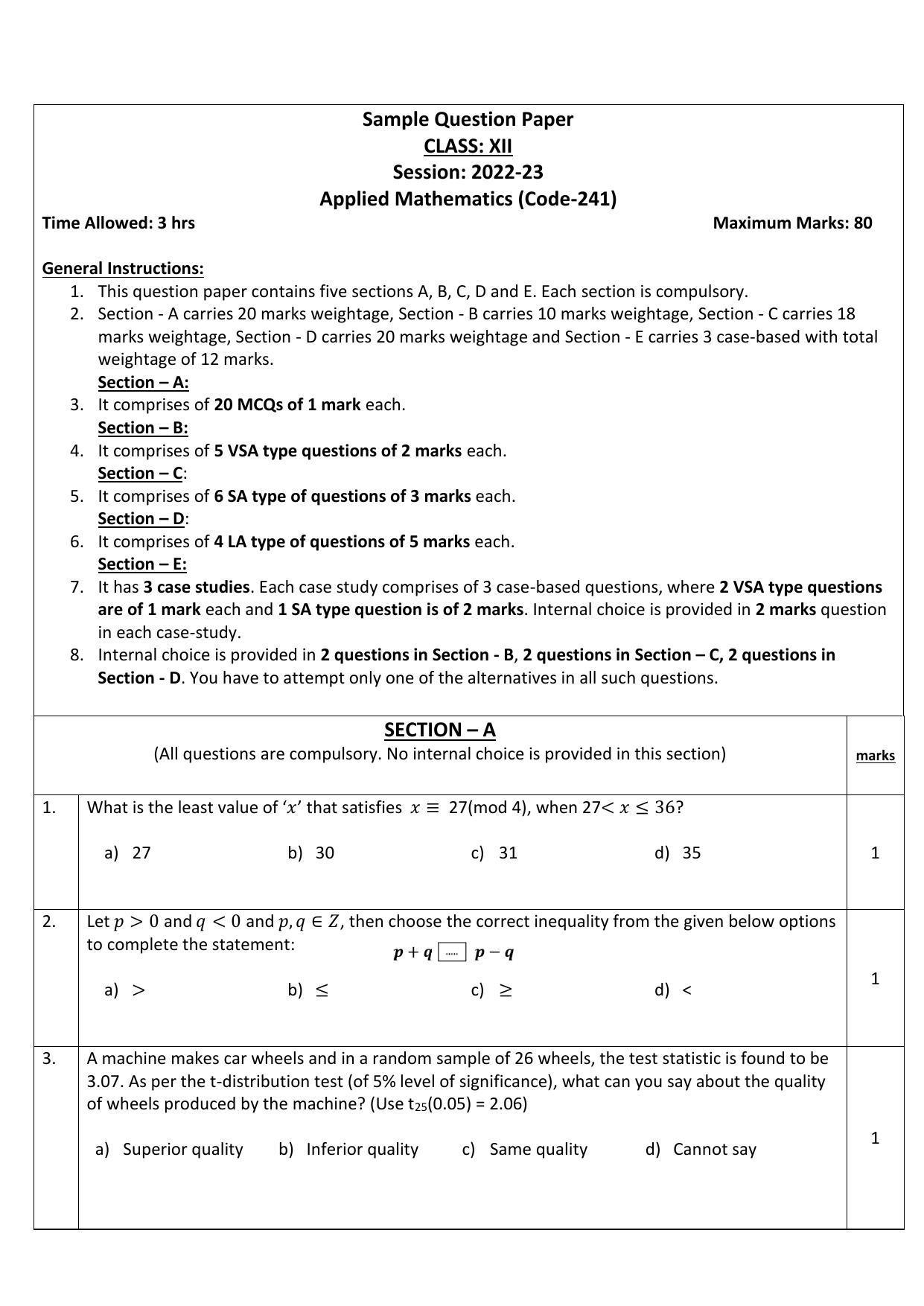 CBSE Class 12 Applied Mathematics Sample Paper 2023 - Page 1