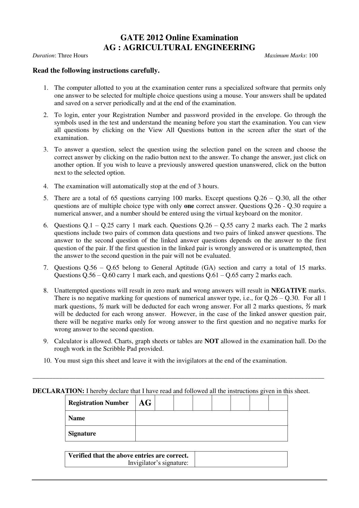 GATE 2012 Agricultural Engineering (AG) Question Paper with Answer Key - Page 1