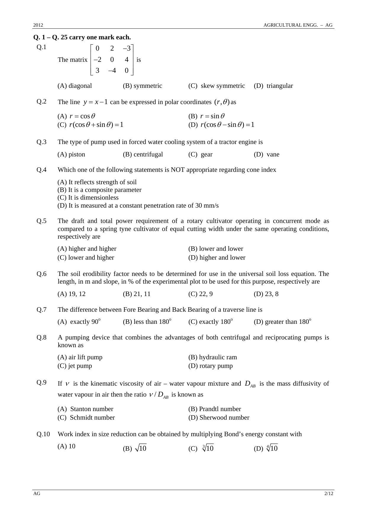 GATE 2012 Agricultural Engineering (AG) Question Paper with Answer Key - Page 2