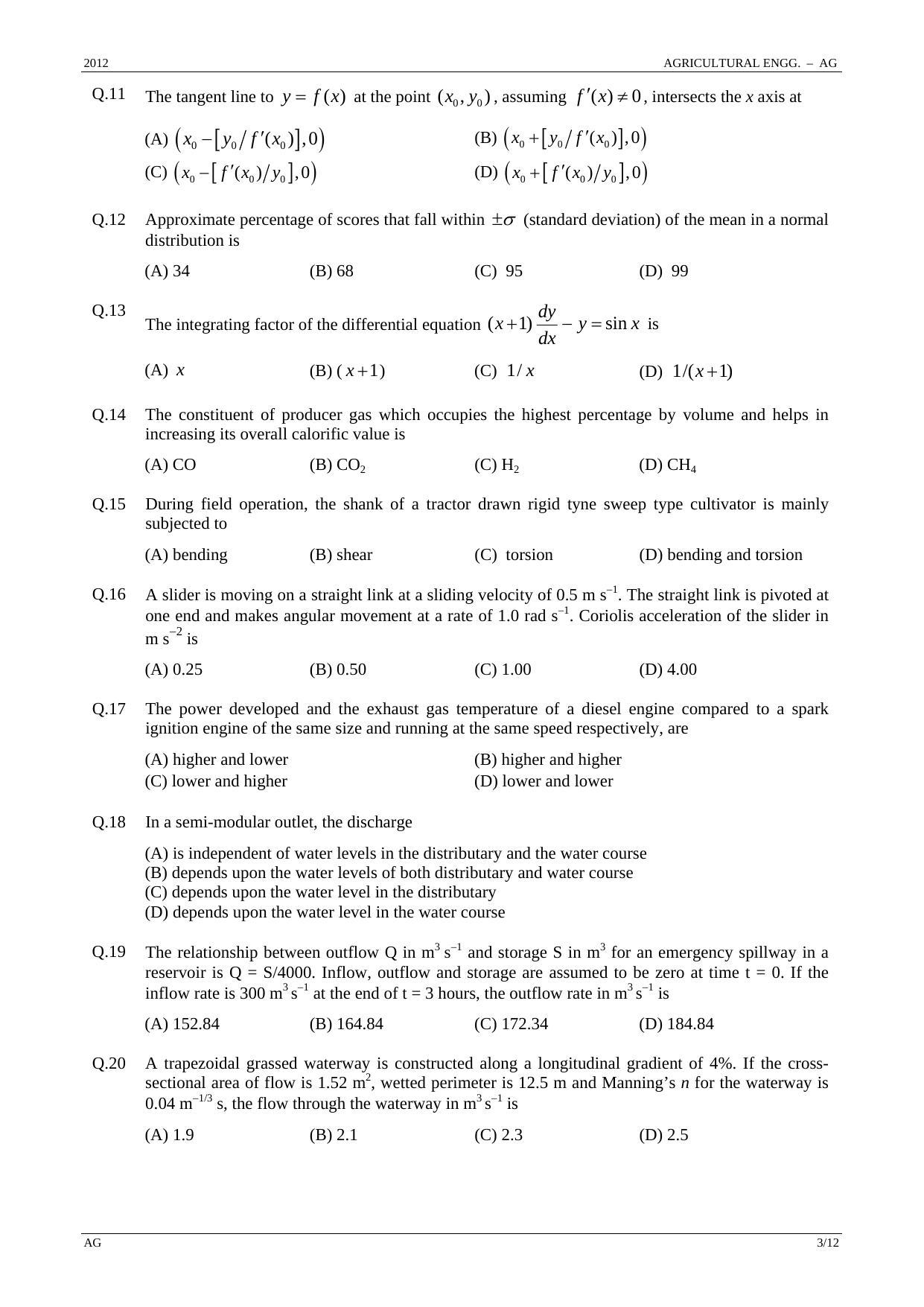 GATE 2012 Agricultural Engineering (AG) Question Paper with Answer Key - Page 3