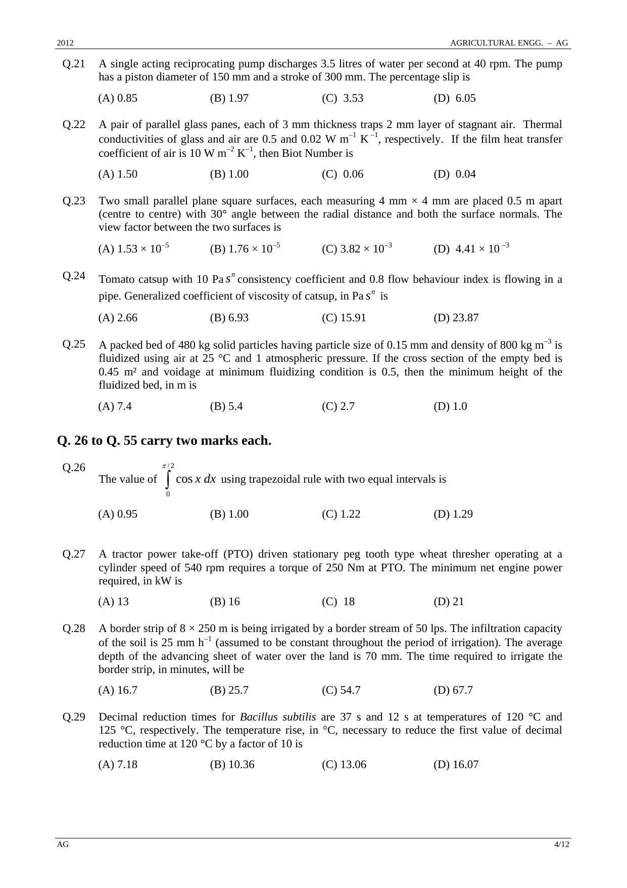 GATE 2012 Agricultural Engineering (AG) Question Paper with Answer Key - Page 4