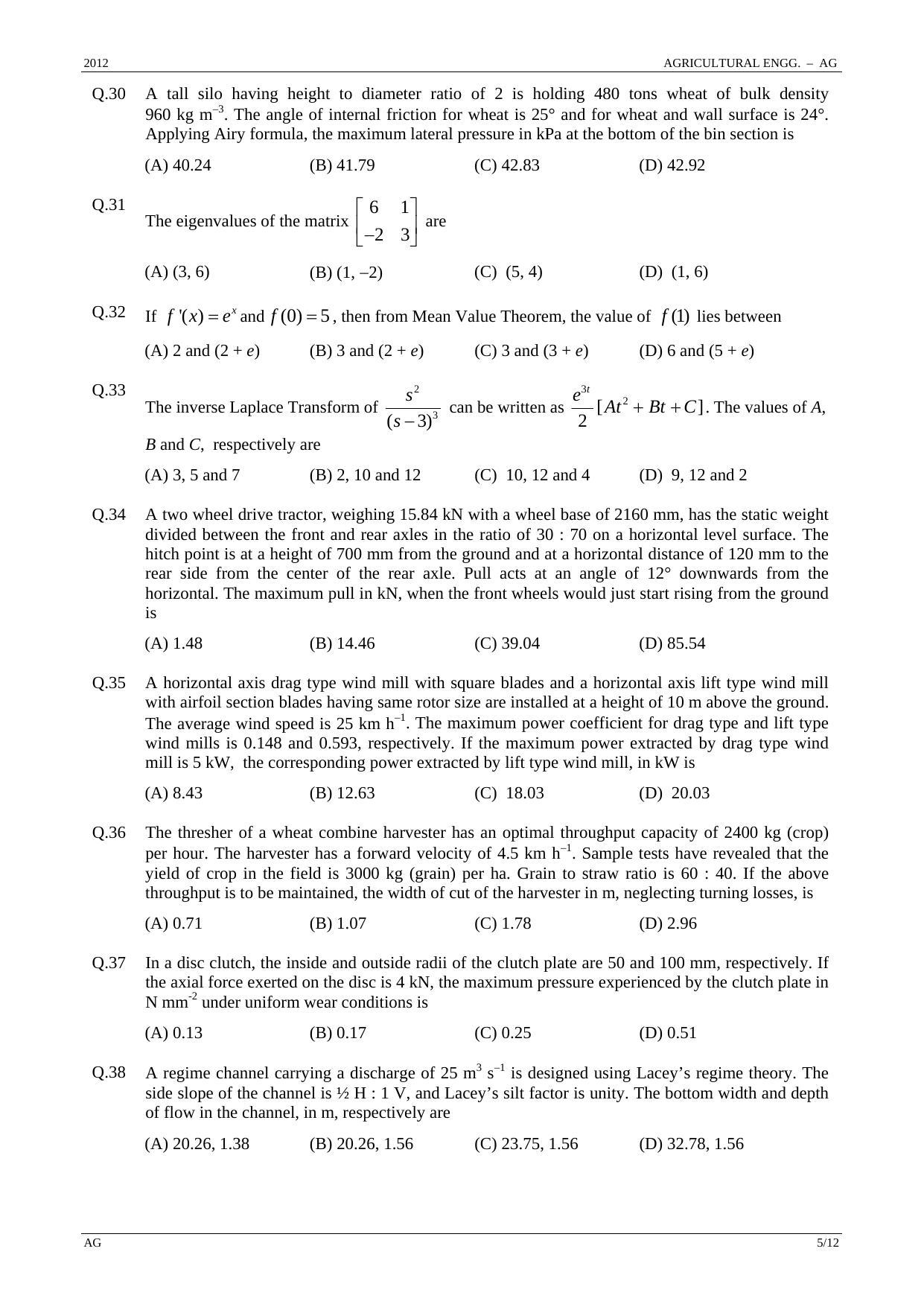 GATE 2012 Agricultural Engineering (AG) Question Paper with Answer Key - Page 5