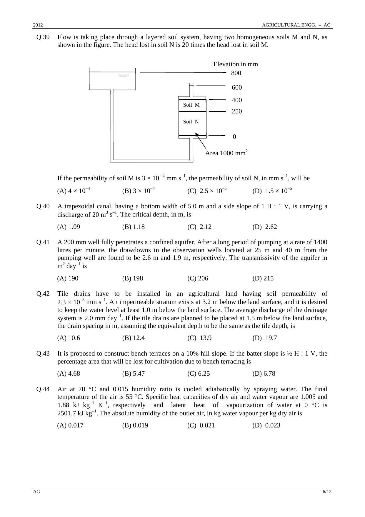 GATE 2012 Agricultural Engineering (AG) Question Paper with Answer Key - Page 6