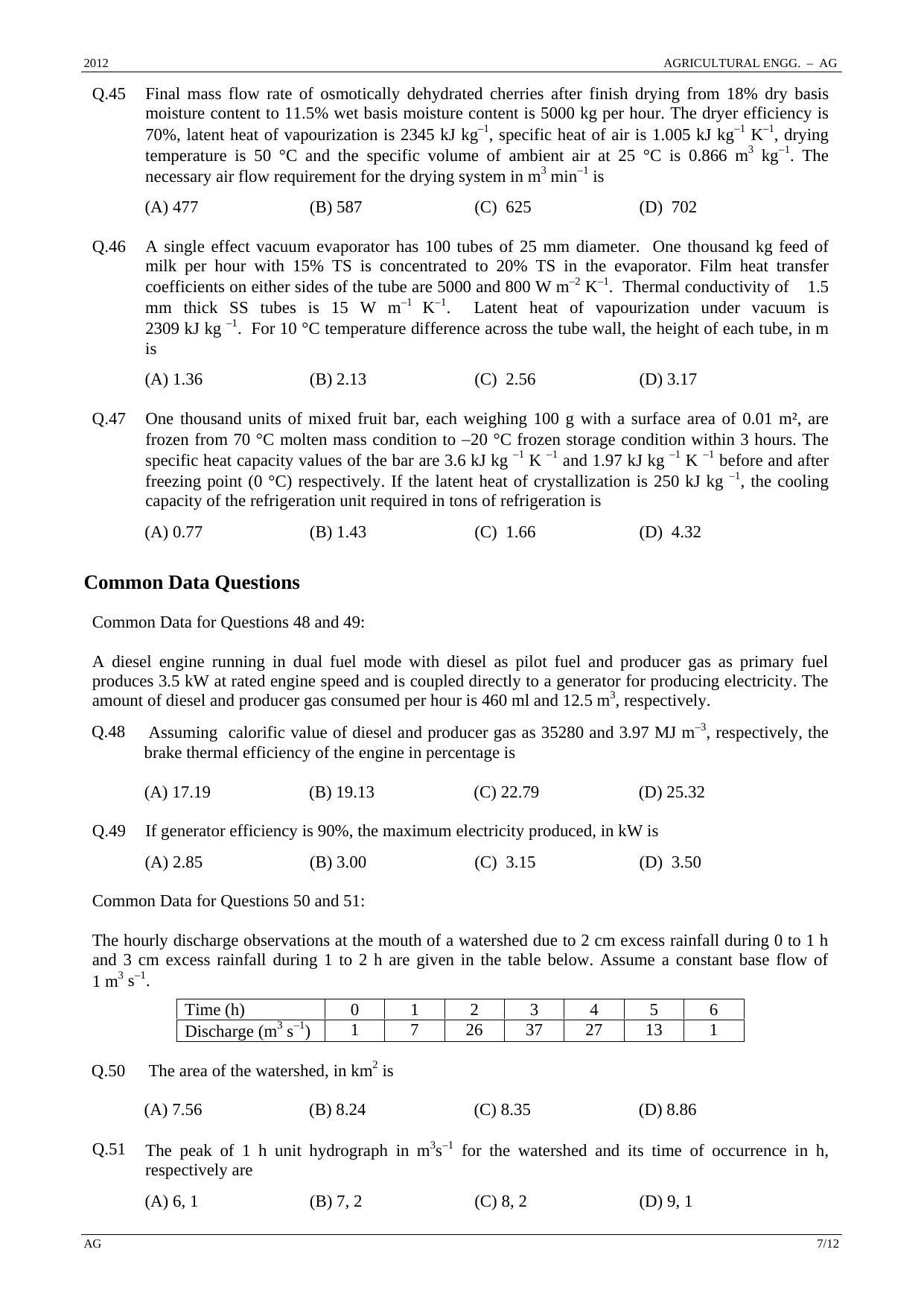 GATE 2012 Agricultural Engineering (AG) Question Paper with Answer Key - Page 7