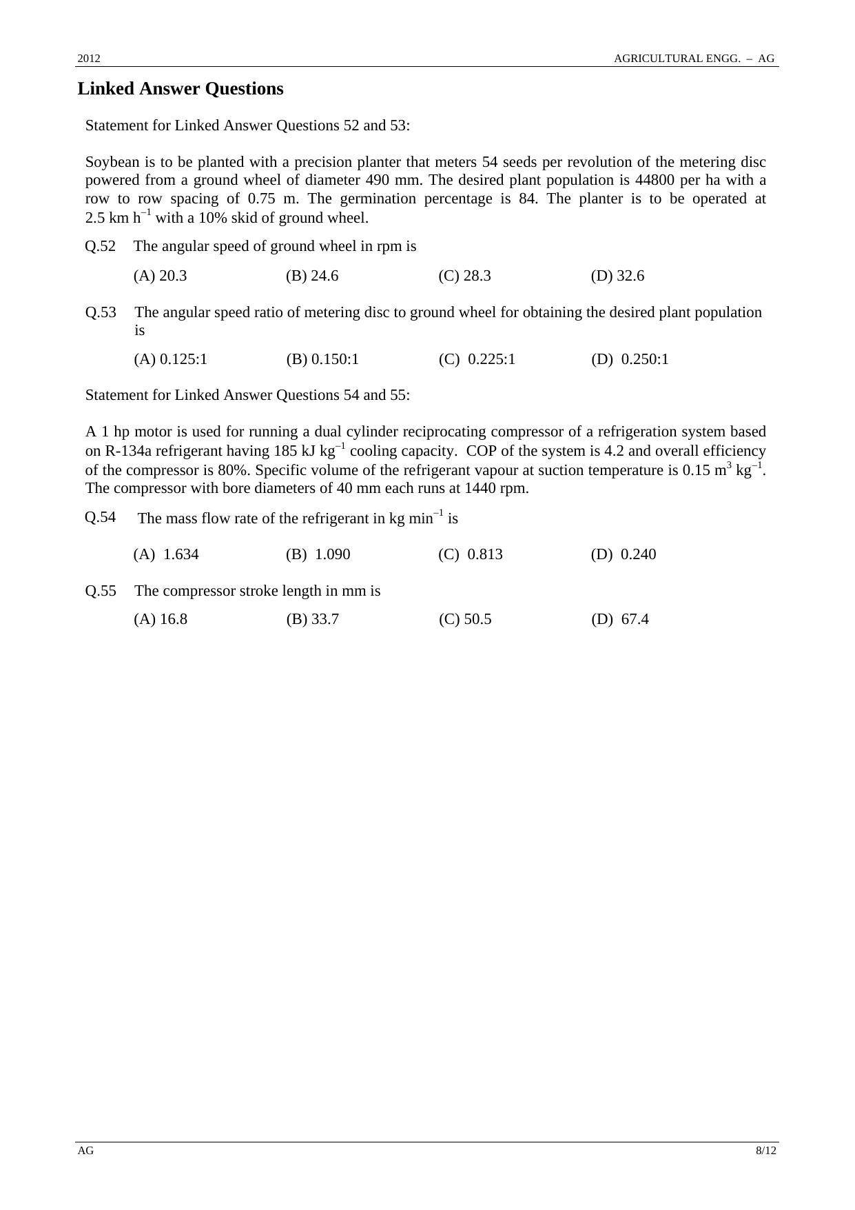 GATE 2012 Agricultural Engineering (AG) Question Paper with Answer Key - Page 8