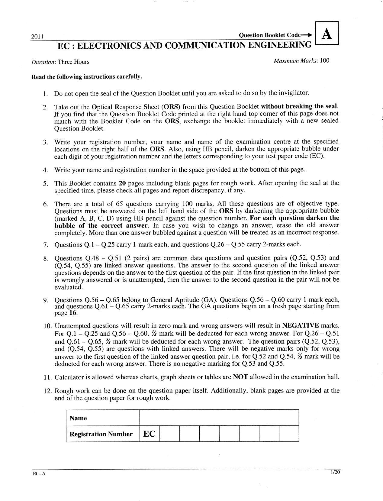GATE 2011 Electronics and Communication Engineering (EC) Question Paper with Answer Key - Page 1
