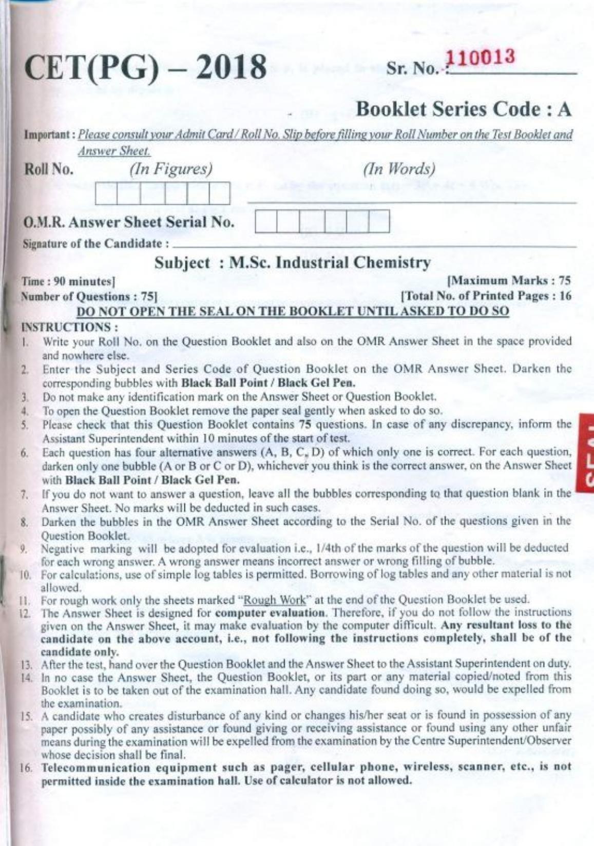PU CET PG 2018 M.Sc.(Industrial Chemistry) Question Paper - Page 1