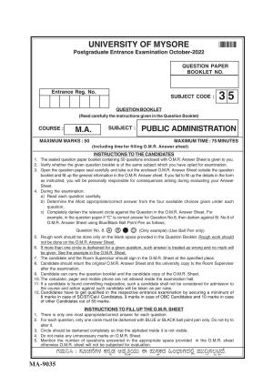 Mysore University PG Entrance Exam 2022: Public Administration Question Paper