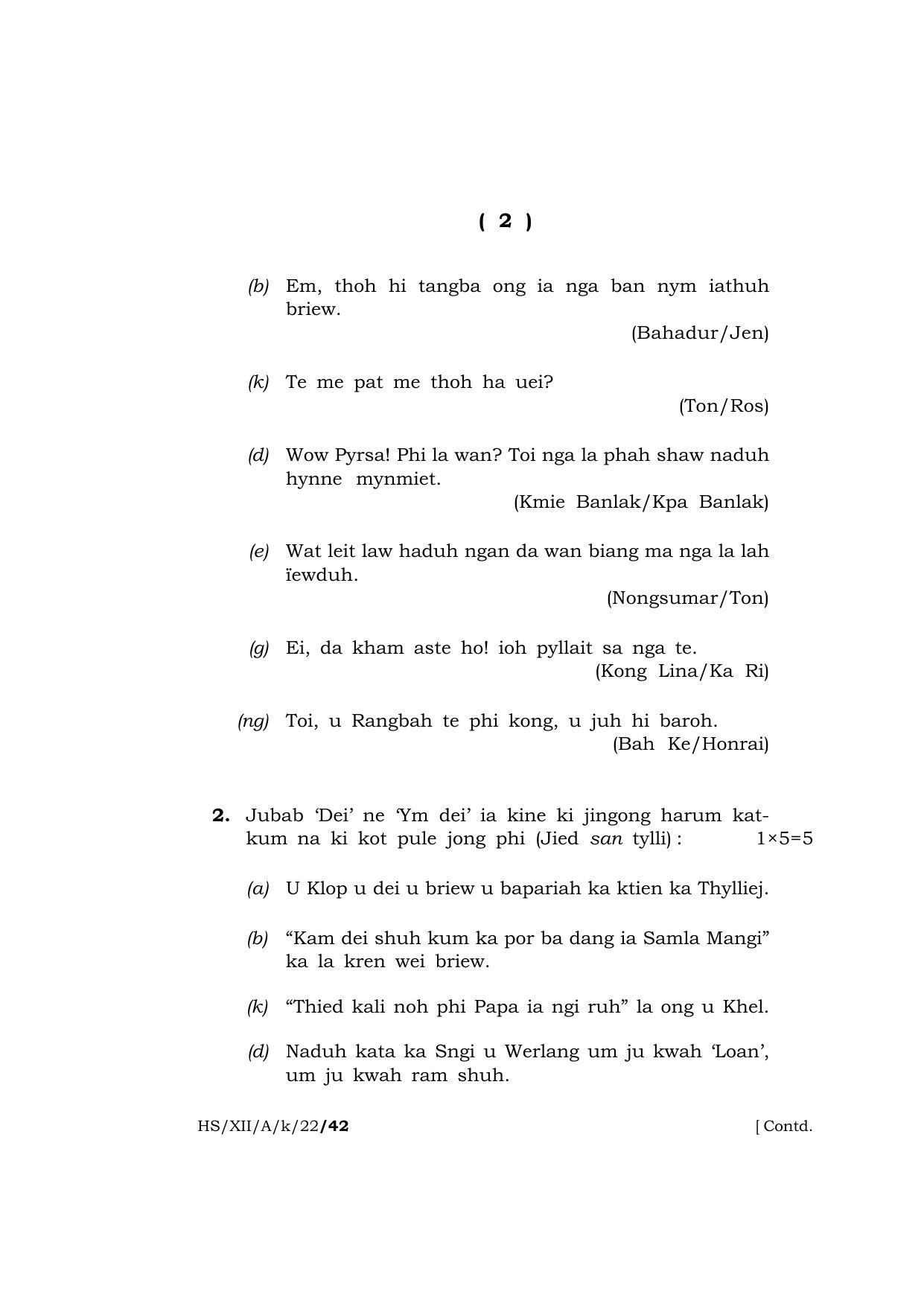Meghalaya Board (MBOSE) Class 12 KHASI (HS_XII_A_K_22) 2022 Question Paper - Page 2