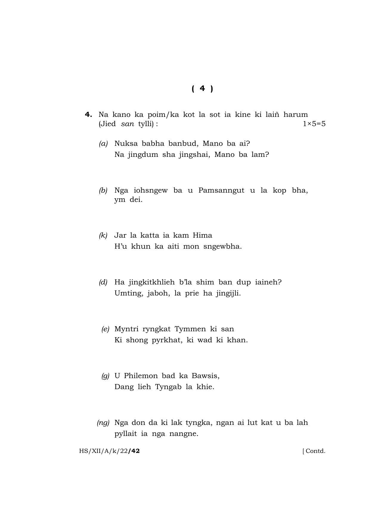Meghalaya Board (MBOSE) Class 12 KHASI (HS_XII_A_K_22) 2022 Question Paper - Page 4