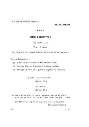 Meghalaya Board (MBOSE) Class 12 KHASI (HS_XII_A_K_22) 2022 Question Paper