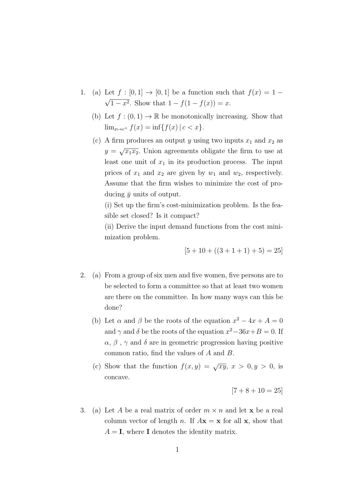 ISI Admission Test JRF in Quantitative Economics (QEA) 2024 Sample Paper - Page 1