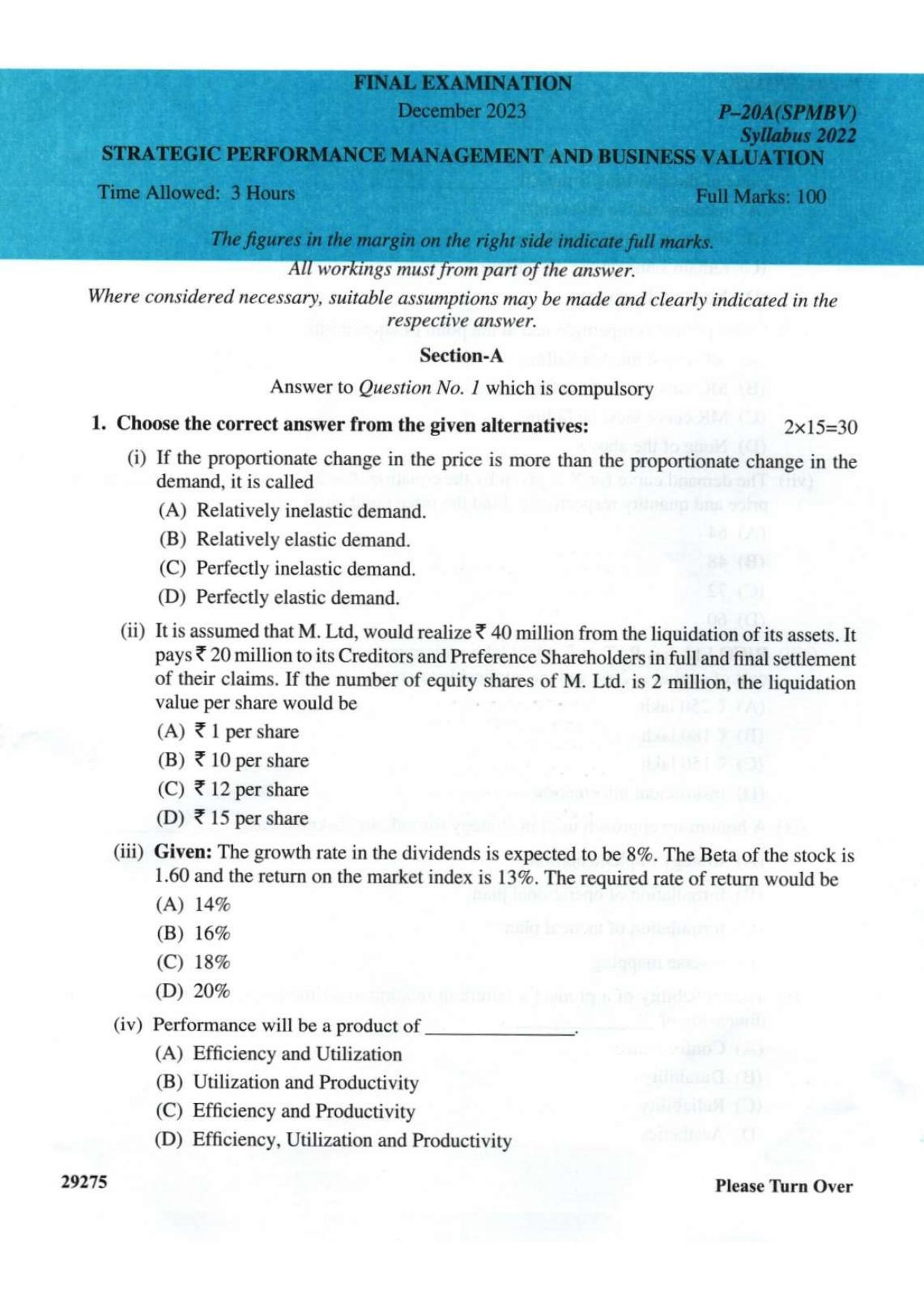 ICMAI Final December 2023 Question Paper - Strategic Performance Management And Business Valuation - Page 1